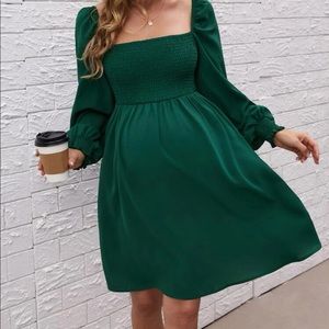 Maternity, square neck, shirred bodice, lantern sleeve dress